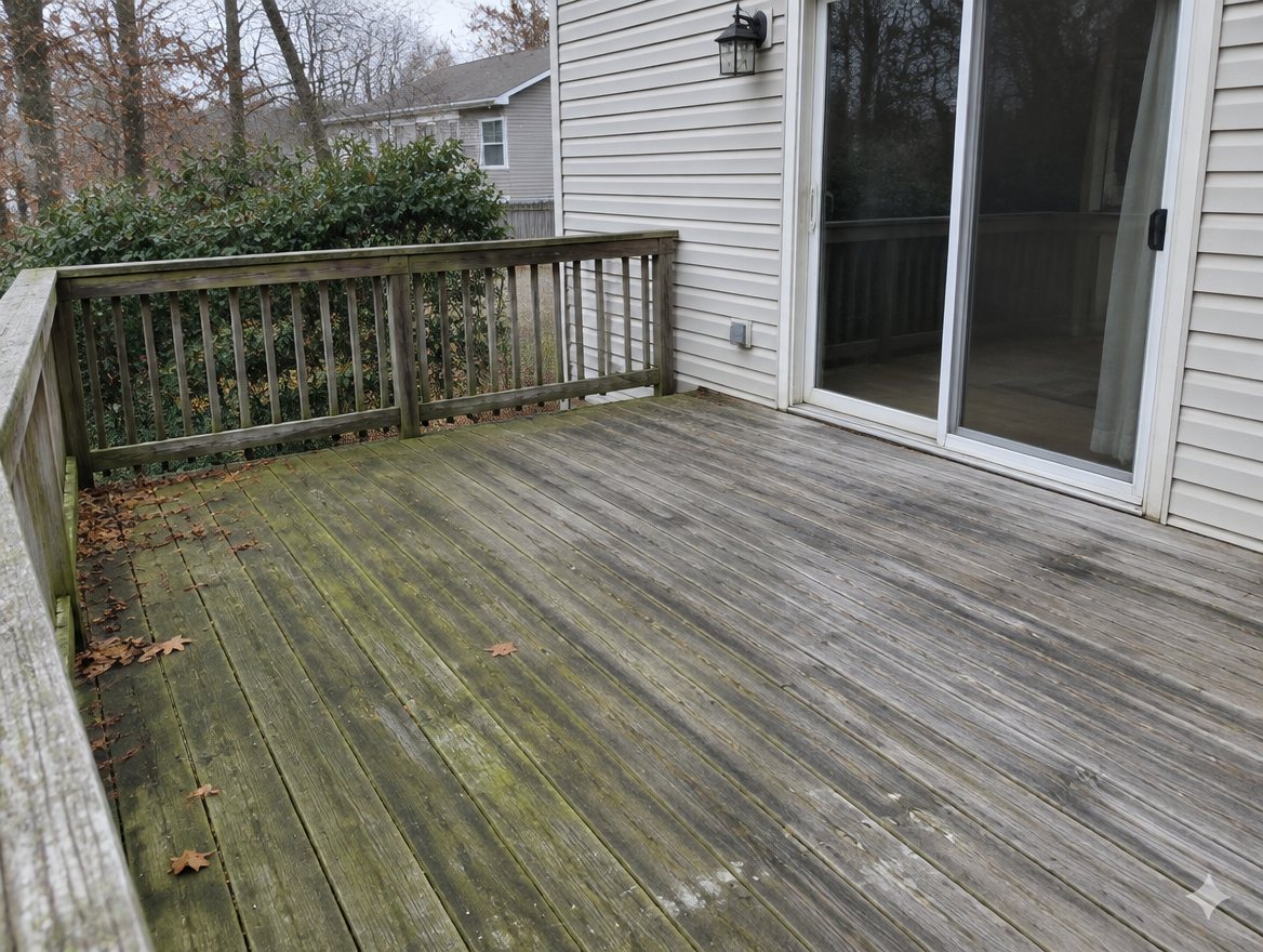 A weathered wood deck with algae