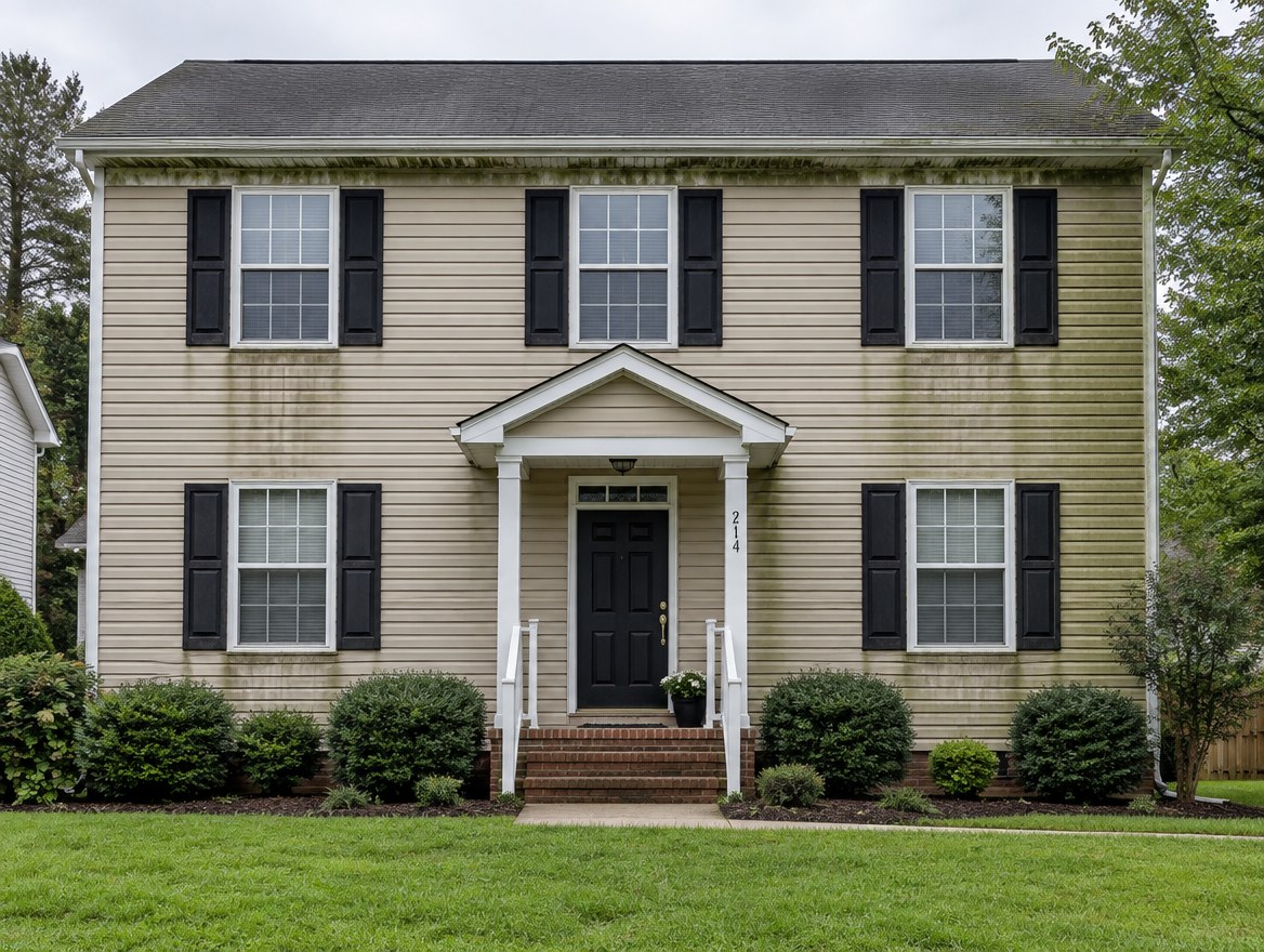 A vinyl-sided colonial with algae on the siding