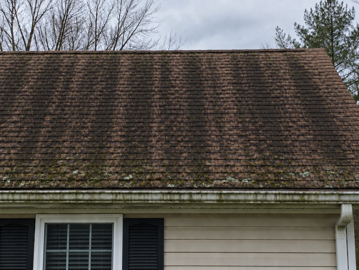 Shingle roof with black algae streaks