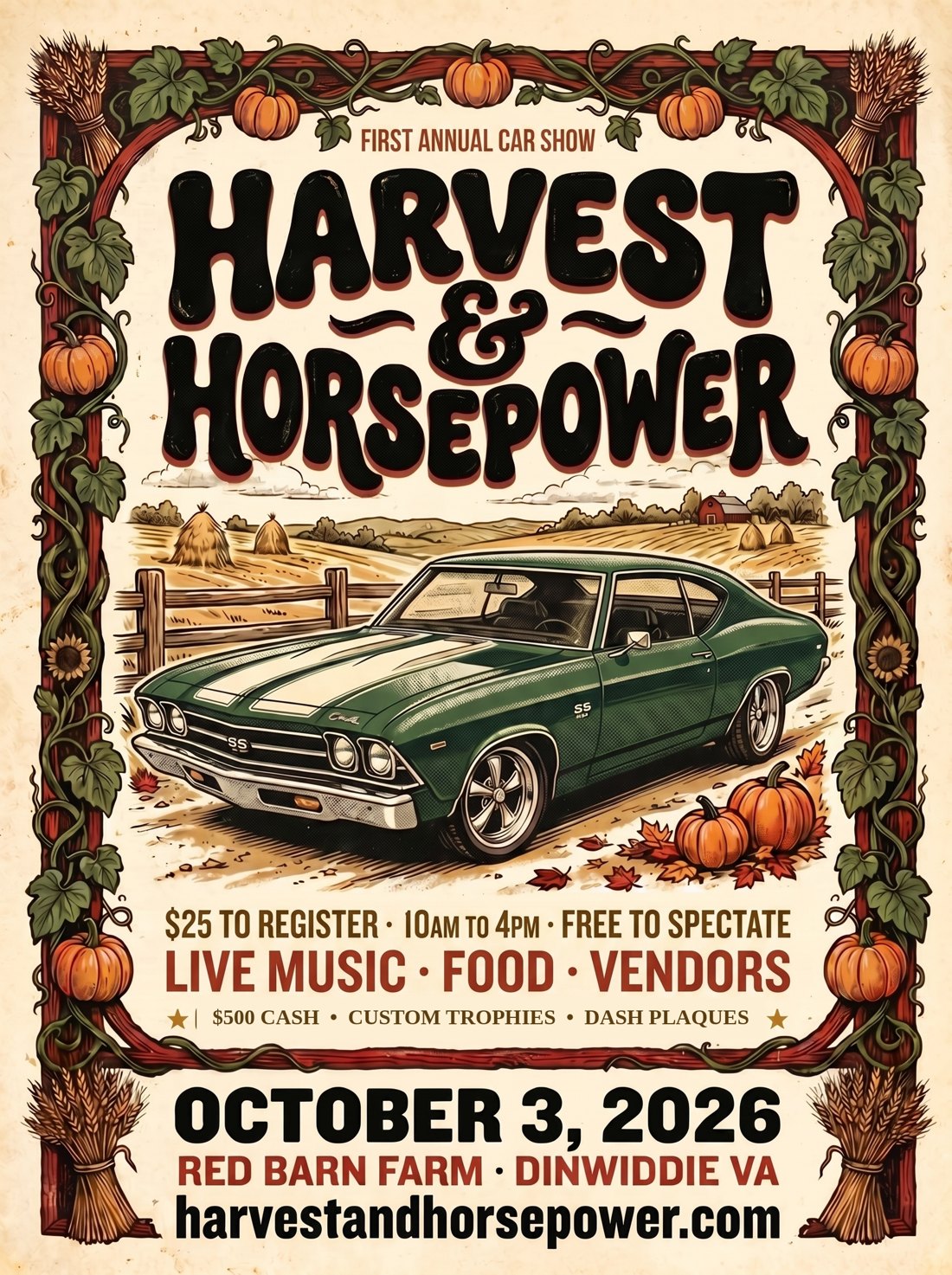 Harvest & Horsepower Car, Truck & Motorcycle Show flyer. Rescheduled to October 17, 2026, Red Barn Farm, Dinwiddie VA.